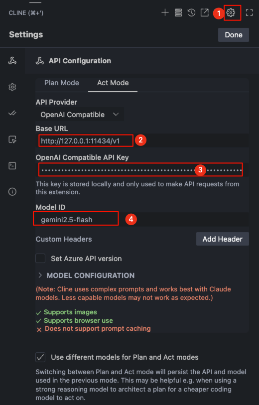 Configure Cline Execution Model